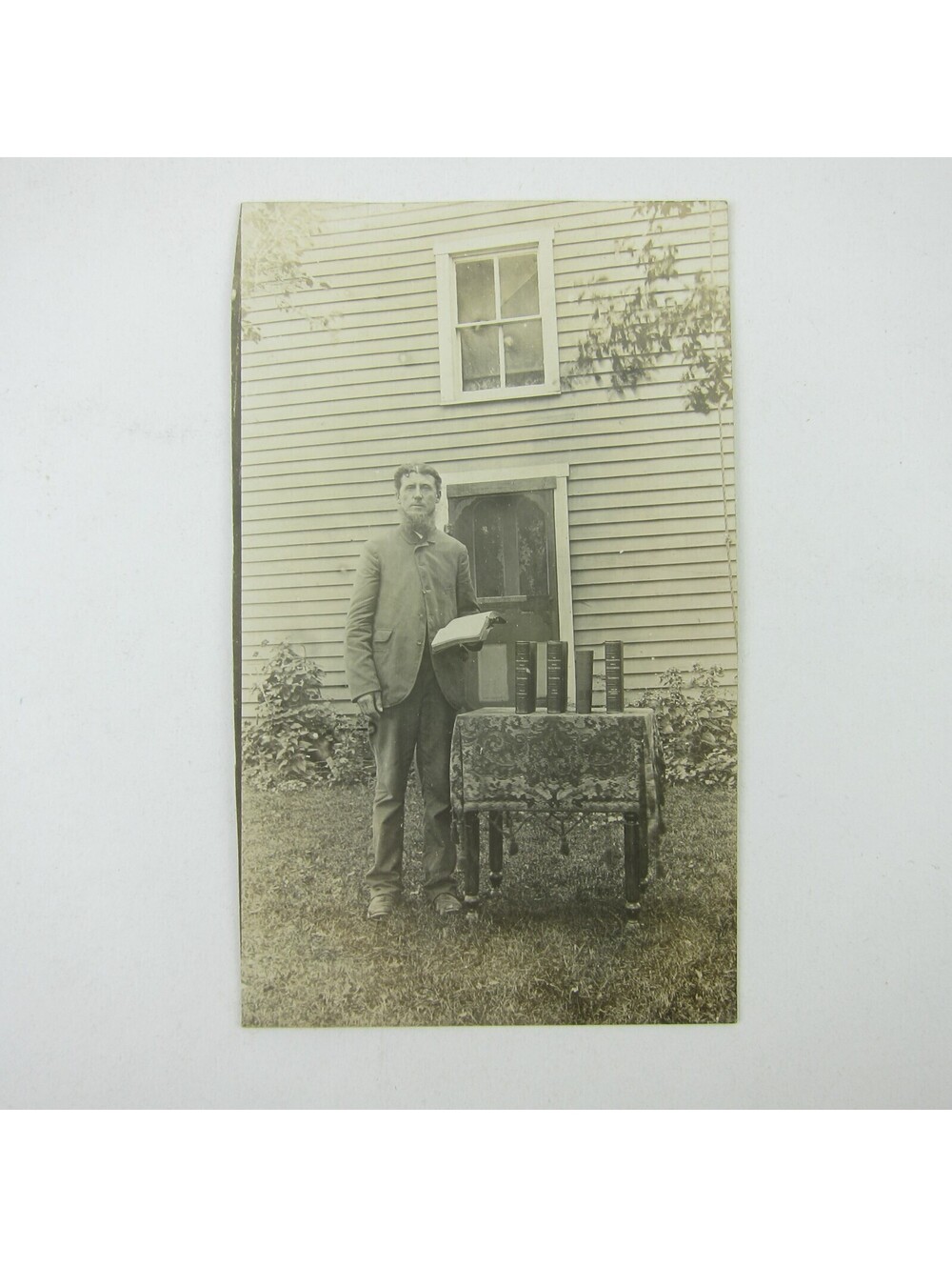 RPPC Photo Postcard Man & Bible Encyclopedias John Sleppy Jr Ohio Antique 1910s